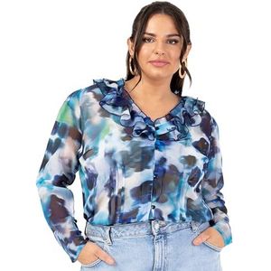 Lovedrobe Dames Ruffle Top V-hals Lange Mouwen Button-up Frills Bloemenprint Metallic Smart Casual Office Wear Top Blouse Dames, Blauw