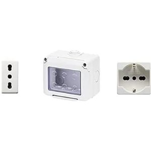 Gewiss Behuizing voor apparaten 27 Combi beschermd 3-zits grijs RAL 7035 IP55 met 1 Schuko-stopcontact, 1 tweewaardig stopcontact, wit