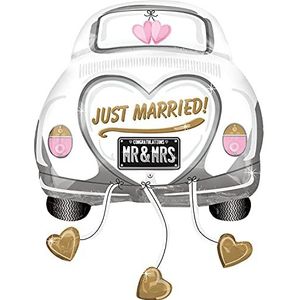 Amscan SuperShape 4358475 folieballon met bruiloftsauto, Just Married, cadeau, decoratie, bruiloft, auto, bruid, heliumballon