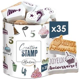 Aladine - 35 stempels voor verjaardag met zwarte inkt - voor het personaliseren van kaarten en verjaardagsuitnodigingen, cadeaupakket, creatieve vrije tijd - zwarte inkt inbegrepen - taart nummer -