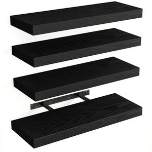 BAKAJI Set van 4 massief houten wandplanken, multifunctionele wandplanken met intrekbare metalen houders, planken voor slaapkamer, woonkamer, keuken, badkamer, 40 x 14 x 3 cm