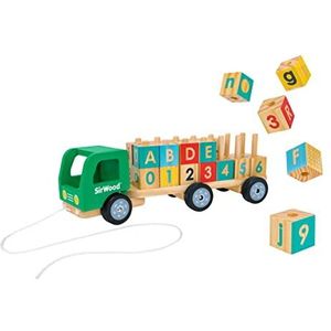 SirWood Bisarca vrachtwagen met stapelbare houten kubussen - Aanlegbare vrachtwagen - letters en cijfers - voor de vroege kindertijd Globe Toys - 41604