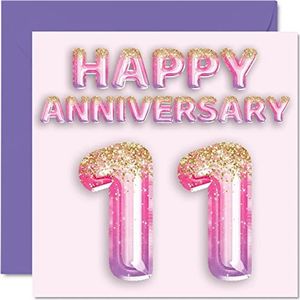 Schattige verjaardagskaart van staal voor vrouwen, vriendin, echtgenoot, vriend, ballonnen met glitter, roze paars - wenskaarten voor de 11e verjaardag van de familie, 145 mm x 145 mm
