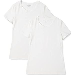 Amazon Essentials Set van 2 dames-T-shirts met korte mouwen en ronde hals, normale pasvorm, wit, maat L