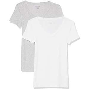 Amazon Essentials Set van 2 T-shirts voor dames met korte mouwen en V-hals slim fit, wit/lichtgrijs gemêleerd, maat M