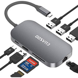 EUASOO USB C-hub 9 poorten aluminium USB C-adapter met HDMI 4K, 2 USB 3.0-poorten, 1 USB 2.0, type C PD, Gigabit Ethernet RJ45, SD/TF-kaartlezer voor MacBook Air/Pro, Chromebook,