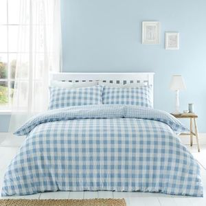 Catherine Lansfield Seersucker dubbele beddengoedset met ruitpatroon, blauw