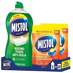 Mistol Pack Combo économique - Mistol Ultraplus 950 ml + 100 pastilles lave-vaisselle. Nettoie, dégraisse, désincruste et fait briller, laissant votre vaisselle comme neuve.