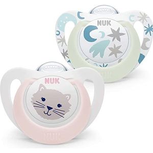 NUK Star Baby Dummy | 0-6 Maanden | Dag & Nacht Fopspenen | BPA-vrij siliconen | roze kat | 2 tellen