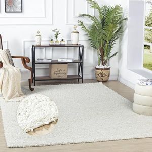 Surya Home Shaggy tapijt voor woonkamer, slaapkamer, eetkamer, berbers, hoogpolig, abstract, berbers, wit, pluizig, groot tapijt van 160 cm, wit