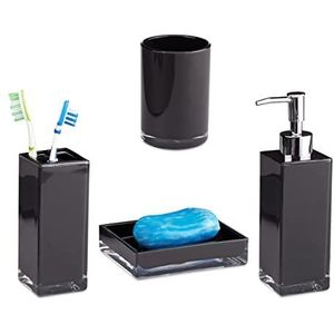 Relaxdays Badkamer accessoires set 4 stuks zeepdispenser beker tandenborstel plastic zeepbakje zwart