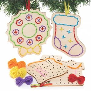 Baker Ross FC244 Kerstdecoratiesets voor kinderen, van hout om aan te trekken, 5 stuks, naaiset voor beginners, naaiset voor kinderen, borduurset voor beginners, creatieve vrije tijd voor kinderen