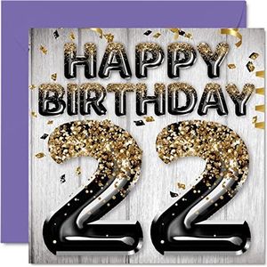 22e verjaardagskaart voor heren, zwarte en gouden ballonnen, verjaardagskaarten voor mannen van 22 jaar, zoon, broer, oom, neef, 145 mm x 145 mm, tweeëntwintig seconden wenskaarten