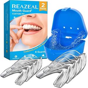 Reazeal 8 stuks mondbeschermers voor het klemmen van de tanden 's nachts, sport, atletiek, witmakend dienblad, 2 maten, met draagtas