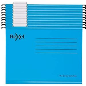 Rexel 10 stuks hangmappen Classic versterkt met scheidingsbladen, 15 mm V-basis, 100% gerecycled karton, blauw, 2115594