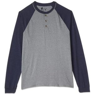 Hanes Beefy Heren T-Shirt Henley Oxford Grijs / Marineblauw, L, Oxford grijs/marineblauw
