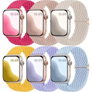 Maledan Set van 6 gevlochten Solo Loop armbanden compatibel met Apple Watch - 40 mm, 38 mm, 41 mm, 42 mm voor mannen en vrouwen, elastische nylon sportarmband rekbaar en verstelbaar voor iWatch SE
