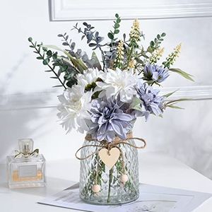 COZZI CODI Kunstbloemen met vazen, dahlia's, rozenboeket van zijde, tafeldecoratie, woondecoraties, vazenboeket, kantoordecoratie en keukendecoratie (wit en blauw)