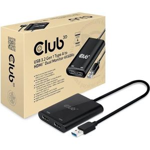 CLUB3D USB A naar HDMI™ 2.0 Dual Monitor 4K 60Hz - Video Splitter (HDMI, 0,27m, 3840 x 2160 pixels, 60Hz, Zwart, RoHS, CE, WEEE)