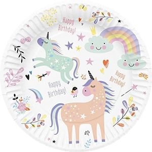 Folat 61927 Papieren Tableware papieren borden, rond, Ø Unicorns & Rainbow 23 cm, 8 wegwerpborden voor verjaardag, babyshower, bruiloft, bruidsfeest, kleurrijk