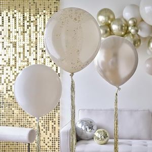 Ginger Ray Set van 3 neutrale, gouden latexballonnen met kwaststaarten voor verjaardagsfeestdecoraties