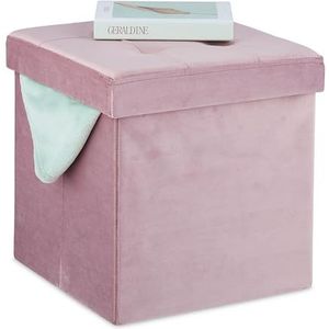 Relaxdays Fluwelen opbergpoef, opvouwbaar, 38 x 38 x 38 x 38 cm, voor woonkamer, roze