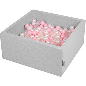 KiddyMoon Ballenbad, vierkant 90 cm x 40 cm hoog - 300 ballen, diameter: 7 cm, met kleurrijke ballen voor meisjes, baby's, kinderen, lichtgrijs: roze/parel/transparant