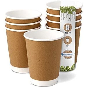 GREENBOX 25 wegwerp-koffiebekers van karton, dubbelwandig, binnenkant wit, onbedrukt, bruin, 300 ml, 100% biologisch afbreekbaar, composteerbaar