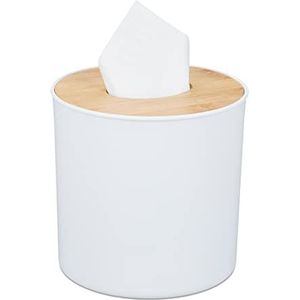 Relaxdays Tissue Box met Bamboe Deksel Badkamer Modern Design Plastic Container H: 12,5 x 13,5 cm, wit/naturel