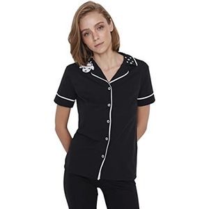 Trendyol Effen pyjama-set met gedetailleerde biezen van gebreid, overhemd en broek, voor dames, zwart, L, zwart.