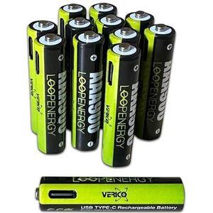 VERICO LoopEnergy AAA 900 12 stuks USB-C AAA 1,5 V 900 mWh (600 mAh) Li-Ion, snel opladen via USB-C poort in ca. 2 uur, 12 stuks AAA-batterijen, 3 x USB A-kabel naar 4 poorten