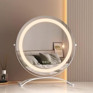 EMKE Hollywood Spiegel met 3 lichtkleuren, make-upspiegel met verlichting, Smart Touch make-uptafel met 360 graden draaibaar licht, dimbaar en geheugenfunctie, diameter 50 cm, wit