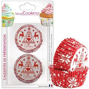 ScrapCooking 5088 Kerstvormpjes voor cupcakes en muffins – decoraties papieren mokken om te bakken – breien, vlokken, dennenhout, rendier – rood, wit – 36 stuks