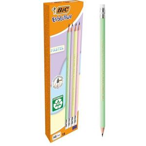 BIC Evolution Pastel grafietpotloden met gompunt en duurzame HB-vulling, behuizing verkrijgbaar in 4 kleuren, doos met 12 stuks