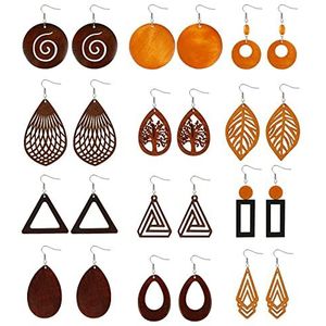 XiYee 12 paar houten oorbellen voor dames, Afrikaans, etnisch, licht, Boheemse oorbellen, vintage, geometrisch, haak van roestvrij staal, hout, Hout