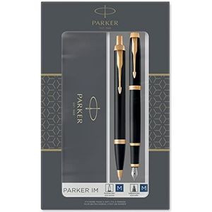 Parker IM Duo cadeauset met balpen en vulpen | Glans zwart met gouden rand | Blauwe inktvulling en cartridge | Geschenkdoos