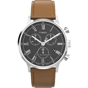 Timex Waterbury TW2Y29300 Montre pour homme avec bracelet en cuir marron et boîtier en acier inoxydable Noir 40 mm, Argenté.