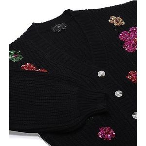 faina Cardigan tendance pour femme avec fleurs multicolores et paillettes - Noir - Taille XS/S, Noir, XL