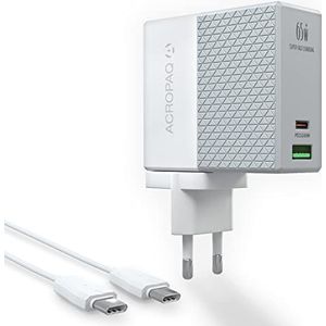 ACROPAQ - 2-in-1 65W USB-C snellader met kabel - PD & QC 3.0 USB (2 poorten), Met kabel (C naar C), Opladen voor MacBook/laptops/Nintendo Switch/Smartphones - 65W USB-oplader