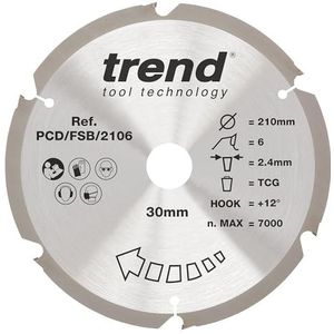 Trend PCD vezelcement cirkelzaagblad, diameter 210 mm, boring 30 mm, 6 tanden, zaaglijn 2,4 mm, haak +12°, PCD, grove afwerking, PCD/FSB/2106
