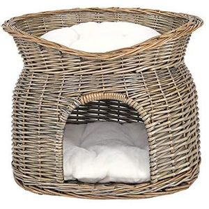 lionto Rieten mand voor katten, grot voor katten, met kussen, 55 x 39 x 43 cm, grijs