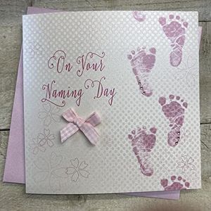 WHITE COTTON CARDS Pink Footprints BD69 wenskaart voor naam, handgemaakt, wit