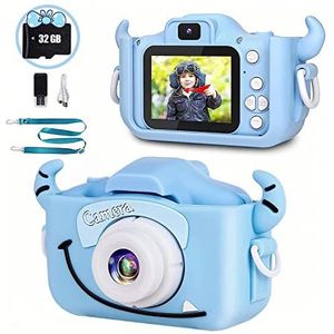 DKKD 2023 Digitale kindercamera, 20 MP, 1080 P, selfie, anti-drop, siliconen kinderhoes met 32G-kaart voor 3-12 jaar, blauw