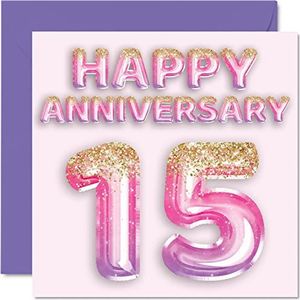 Schattige kristallen verjaardagskaart voor vrouwen, vriendin, echtgenoot, vriend, glitterballon, roze paars, wenskaarten voor de 15e verjaardag van de familie, 145 mm x 145 mm