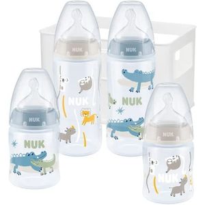 NUK First Choice+ starterset voor babyflessen, 4 flessen met temperatuurregeling, 2 x 150 ml en 2 x 300 ml, inclusief flessenbox, 0-6 maanden, anti-koliek, BPA-vrij, blauw/Wit