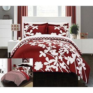 Chic Home beddengoedset, 3-delig, omkeerbaar, bloemen- en ruitpatroon, rood