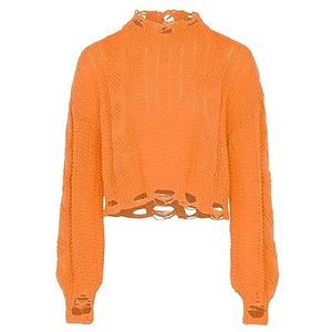 myMo Pull en tricot pour femme avec bords bruts et col rond orange XS/S, Orange, XS