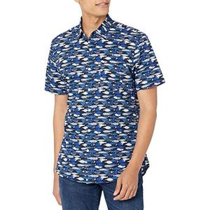 Amazon Essentials Bedrukt overhemd met korte mouwen voor heren, slim fit, visblauw, L