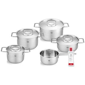 Fissler Pure Collection 6-delige roestvrijstalen pannenset met metalen deksel (3 potten, 1 pot, 1 pan, 1 steelpan en 1 roestvrij stalen onderhoud) inductie