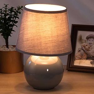 BAKAJI Tafellamp bal basis keramische lampenkap stof grijs licht nachtkastje slaapkamer licht gloeilamp E27 Max 40W lampenkap modern design, afmetingen 25x18cm